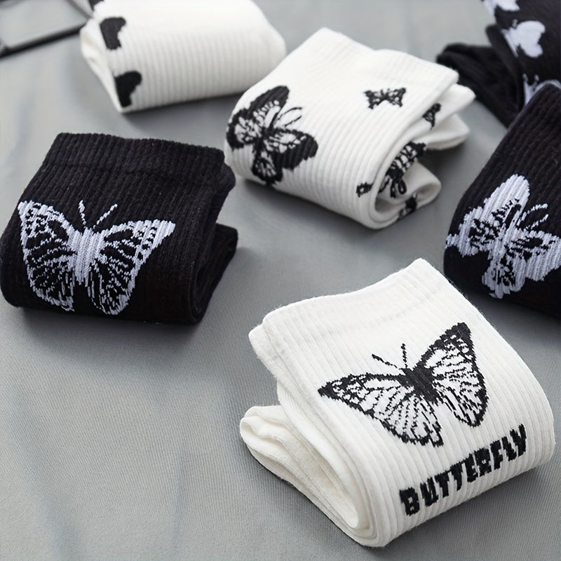 6 Pairs Butterfly Print Mid Tube Socks Women's Stockings