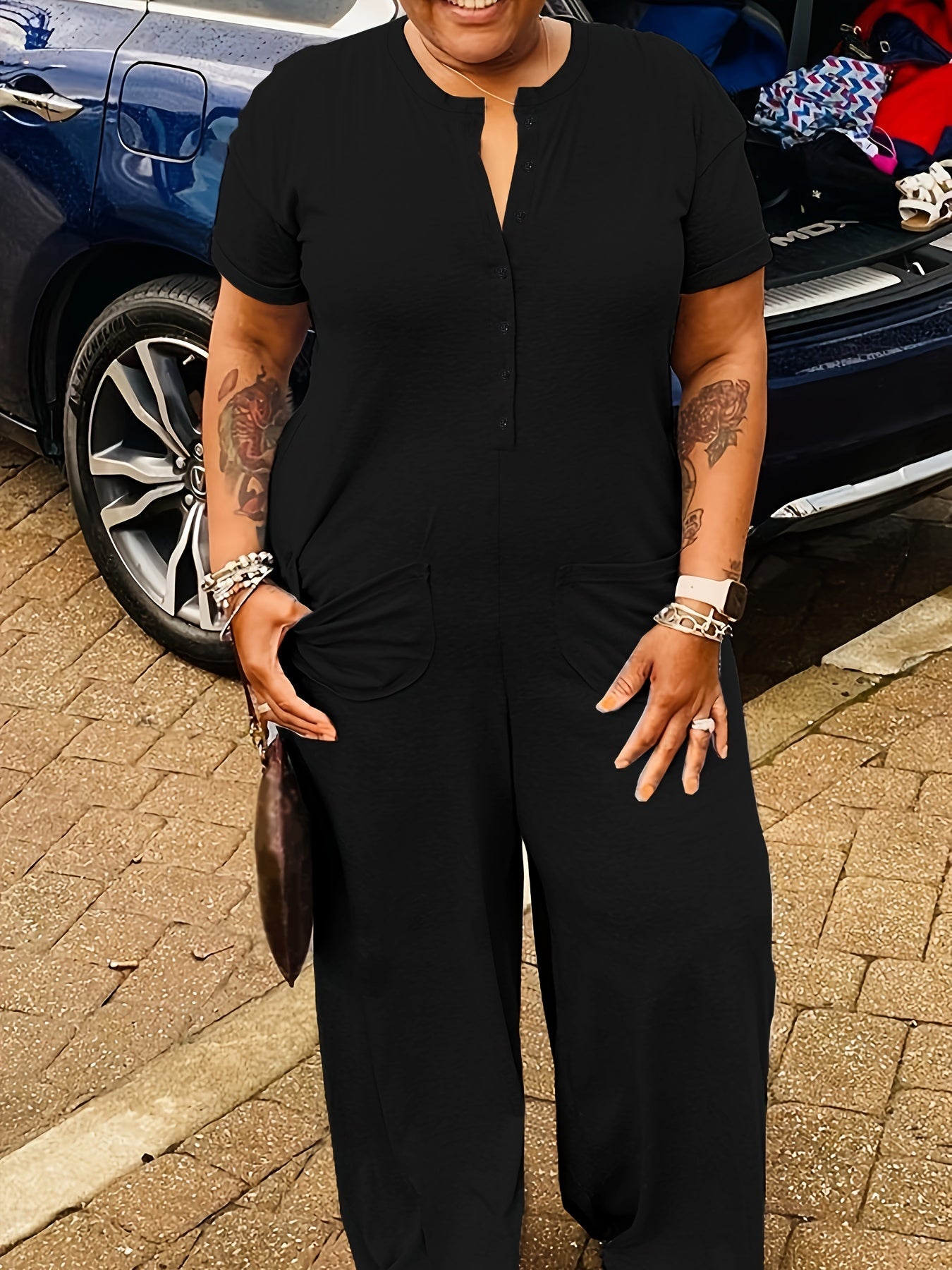  Button Up Short Sleeve Wide Leg Jumpsuit