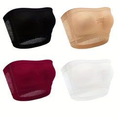 4 Pack Plus Size Basic Tube Bra Women's Plus Plain Ruched Eyelet Embroidered Tub