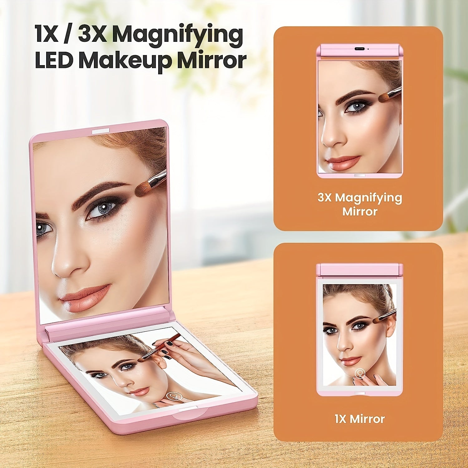 Compact LED Travel Makeup Mirror Rechargeable 1x 3x Magnifying Mirror