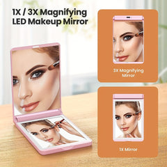 Compact LED Travel Makeup Mirror Rechargeable 1x 3x Magnifying Mirror