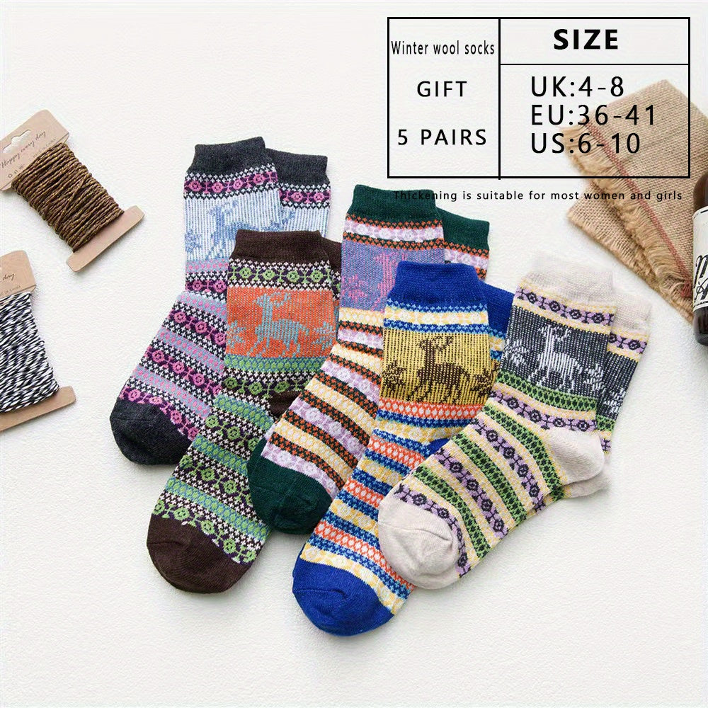 Elk Print Striped Socks Comfy & Warm Mid Tube Women's Stockings