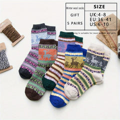 Elk Print Striped Socks Comfy & Warm Mid Tube Women's Stockings