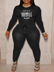  Women's Art Letter Print Top & Drawstring Pants Set