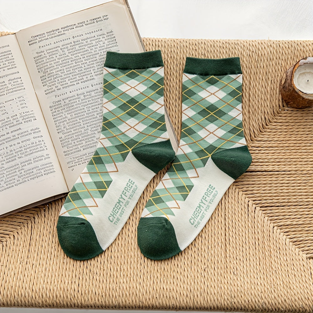 5 Pairs Retro Floral & Plaid Mid Tube Socks Women's Stockings