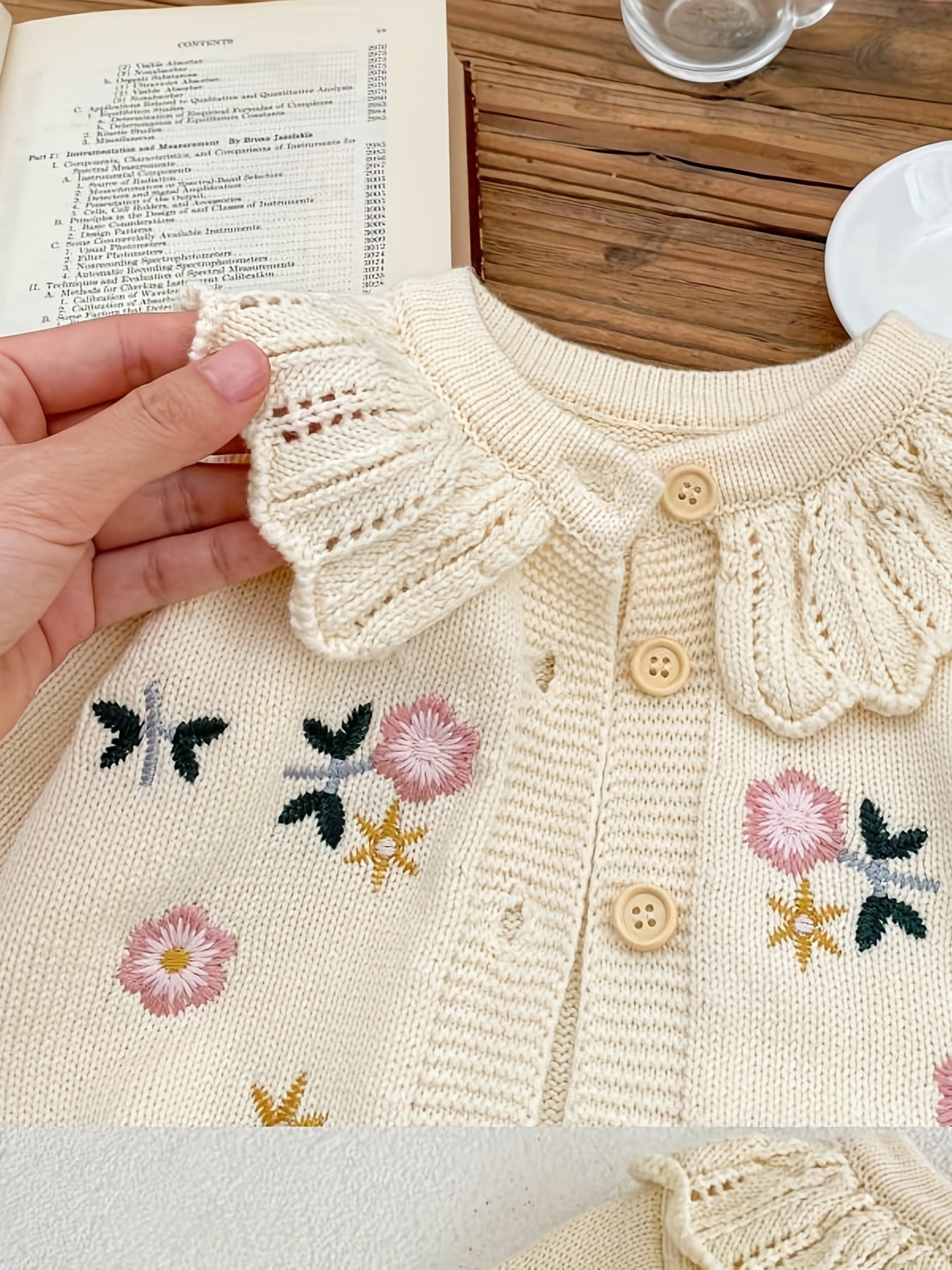Baby Girls Flower Embroidery Ruffle Collar Knitted Cardigan Coat