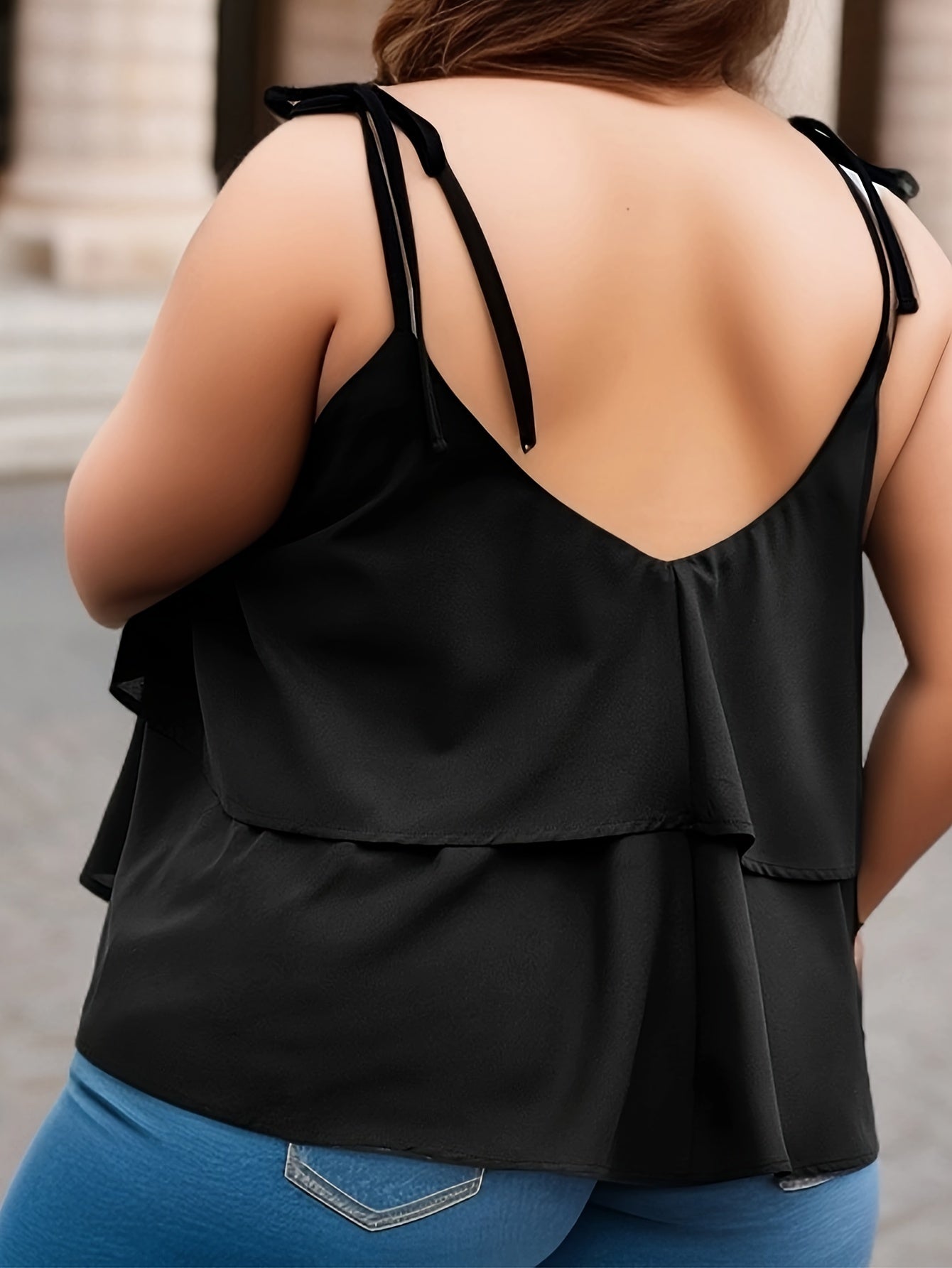  Solid Tie Shoulder Layered Cami Top Round Neck