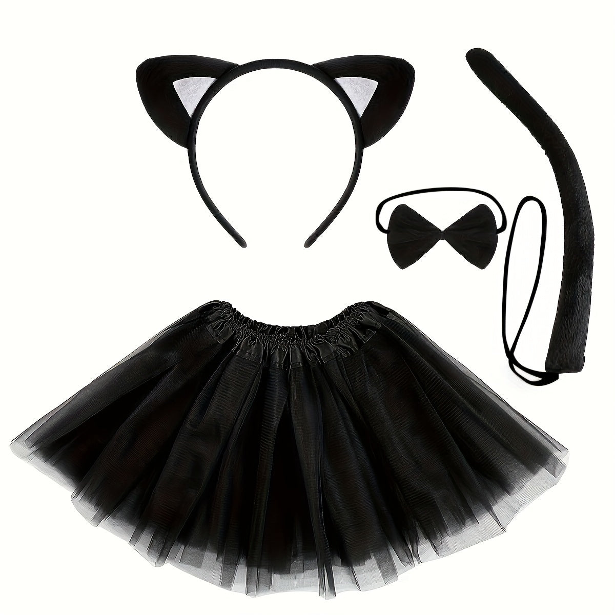 Leopard Cat Ears Headband Tail Bow Tie Short Skirt Dress Up Costume Set