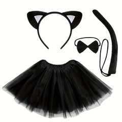 Leopard Cat Ears Headband Tail Bow Tie Short Skirt Dress Up Costume Set