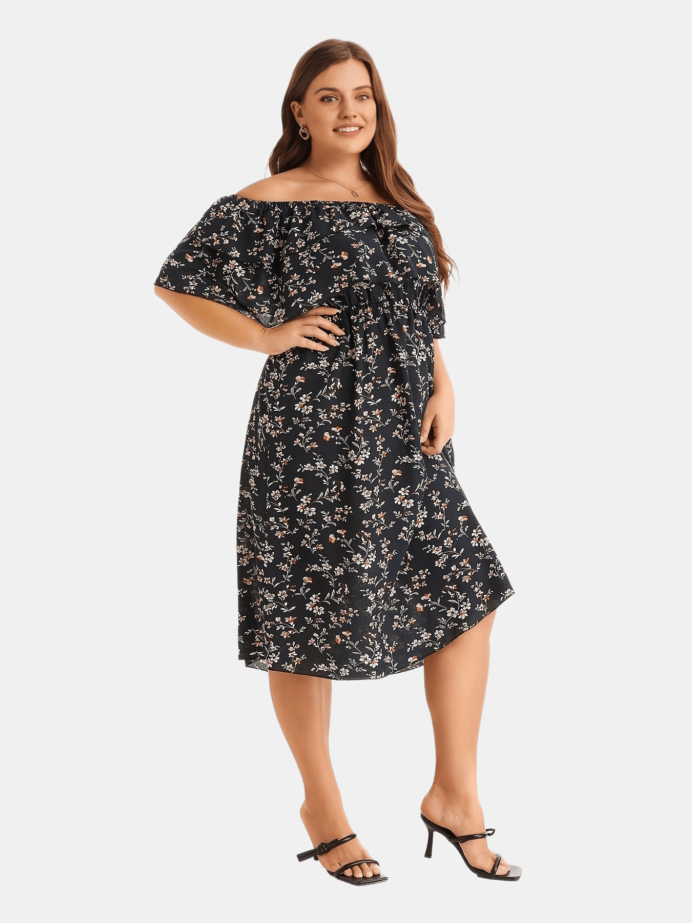  Ditsy Print Off Shoulder Ruffle Trim Dress