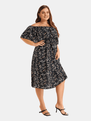  Ditsy Print Off Shoulder Ruffle Trim Dress