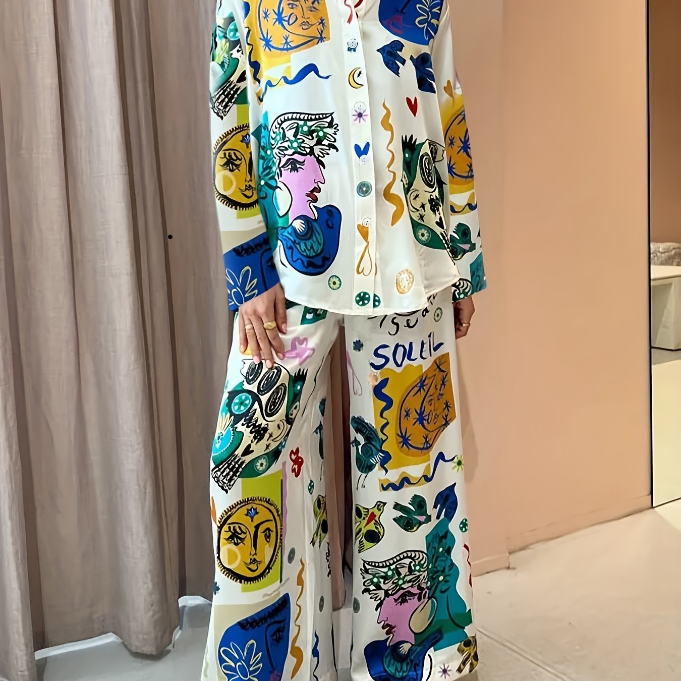 Women's Plus Graffiti Print Long Sleeve Shirt & Pants Set