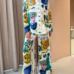 Women's Plus Graffiti Print Long Sleeve Shirt & Pants Set
