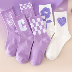 8 Pairs Letter & Heart Print Socks Women's Mid Tube Stockings