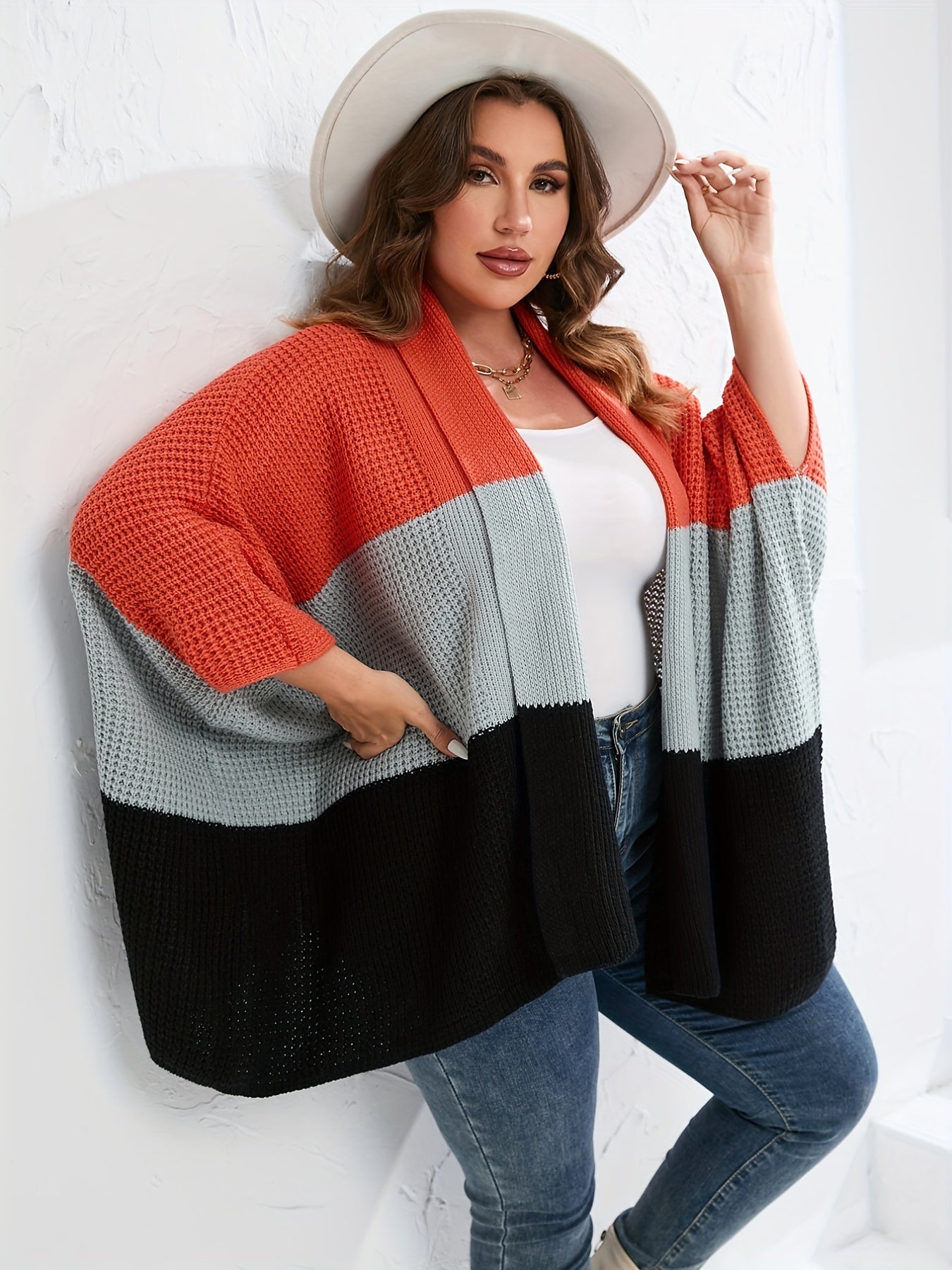  Colorblock Bell Sleeve Sweater Cardigan Women's Plus Casual Sweater