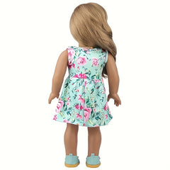 Green Floral Dress for 18" Dolls Pink Yellow Flowers High Fabric