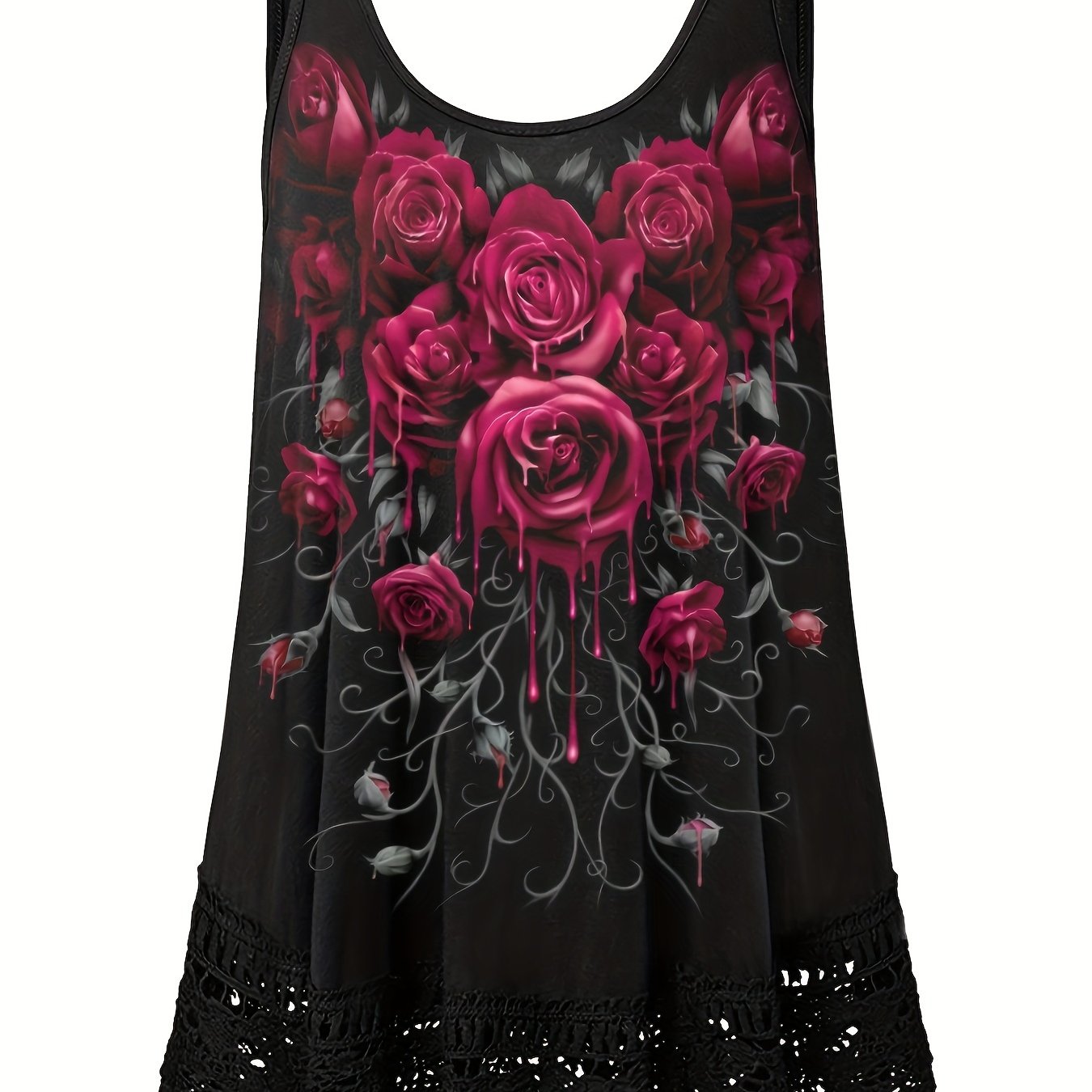  Rose Print Lace Tank Top Women's Sleeveless Casual Top