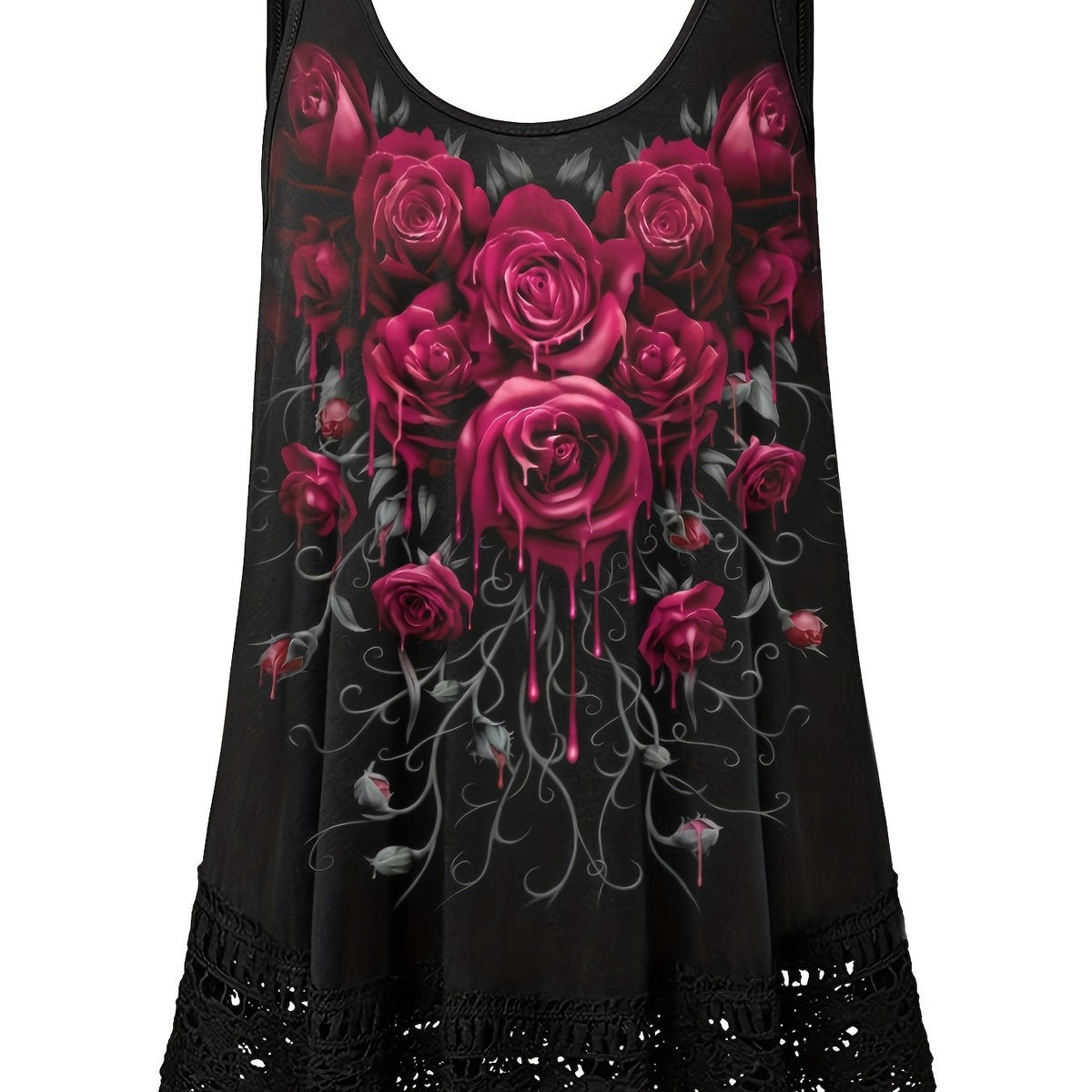  Rose Print Lace Tank Top Women's Sleeveless Casual Top