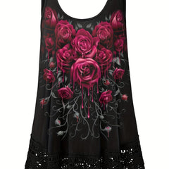  Rose Print Lace Tank Top Women's Sleeveless Casual Top