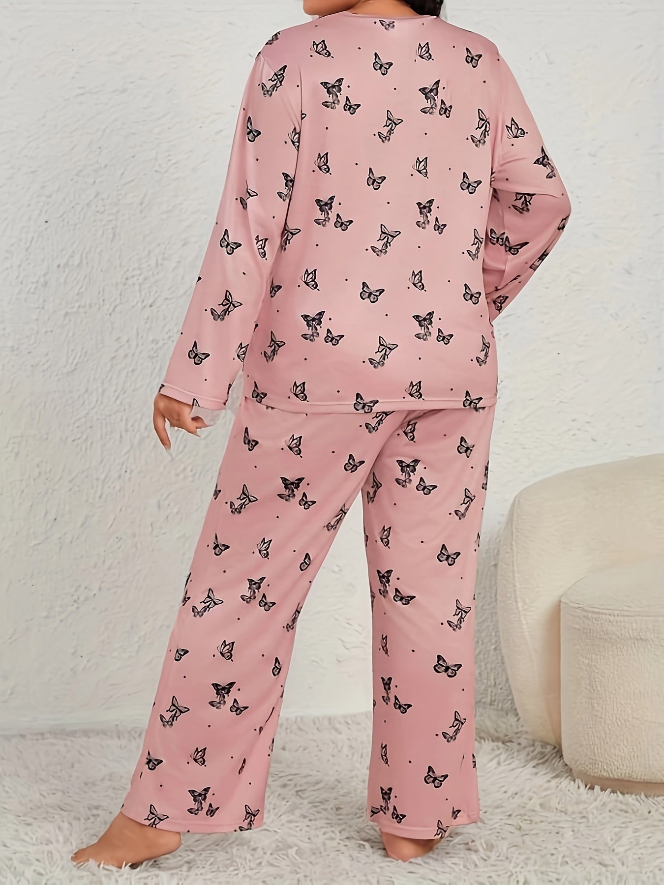  Butterfly Print Pajama Set Long Sleeve Tee & Pants Loungewear