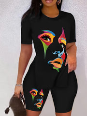 Graphic Print Two piece Set Crew Neck Side Split Casual T Shirt & Shorts