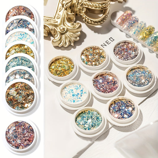 8 Boxes Nail Art Glitter Flakes Hexagon Sequins Powder for 3D Manicure