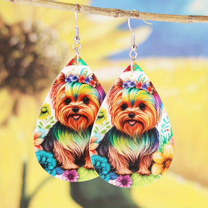 Colorful Flower Print Puppy Earrings PU Leather Jewelry Gift