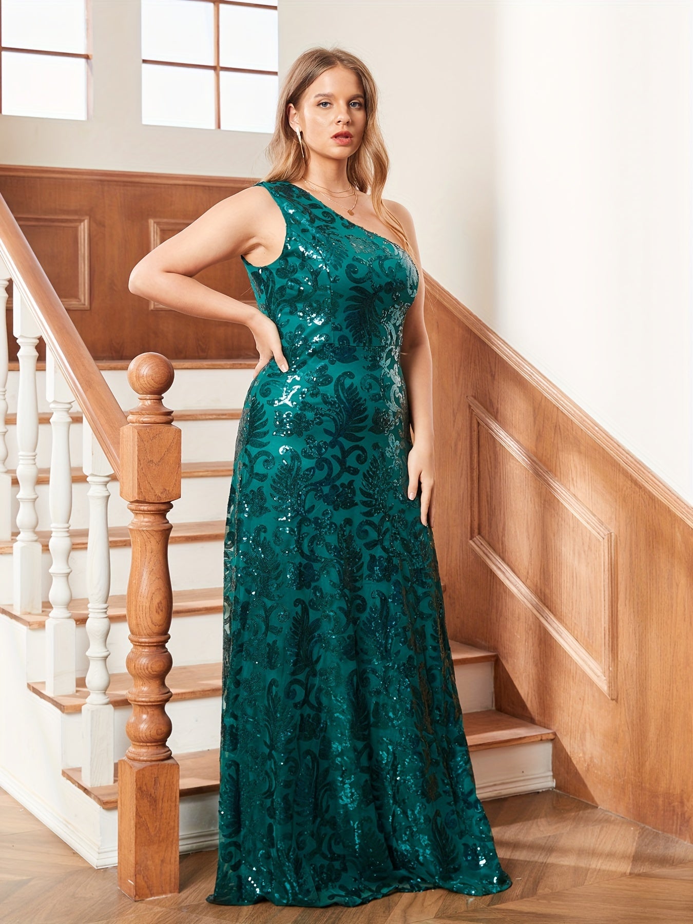  Party Dress Women's Plus Solid Sequin Jacquard One Shoulder Maxi Dress