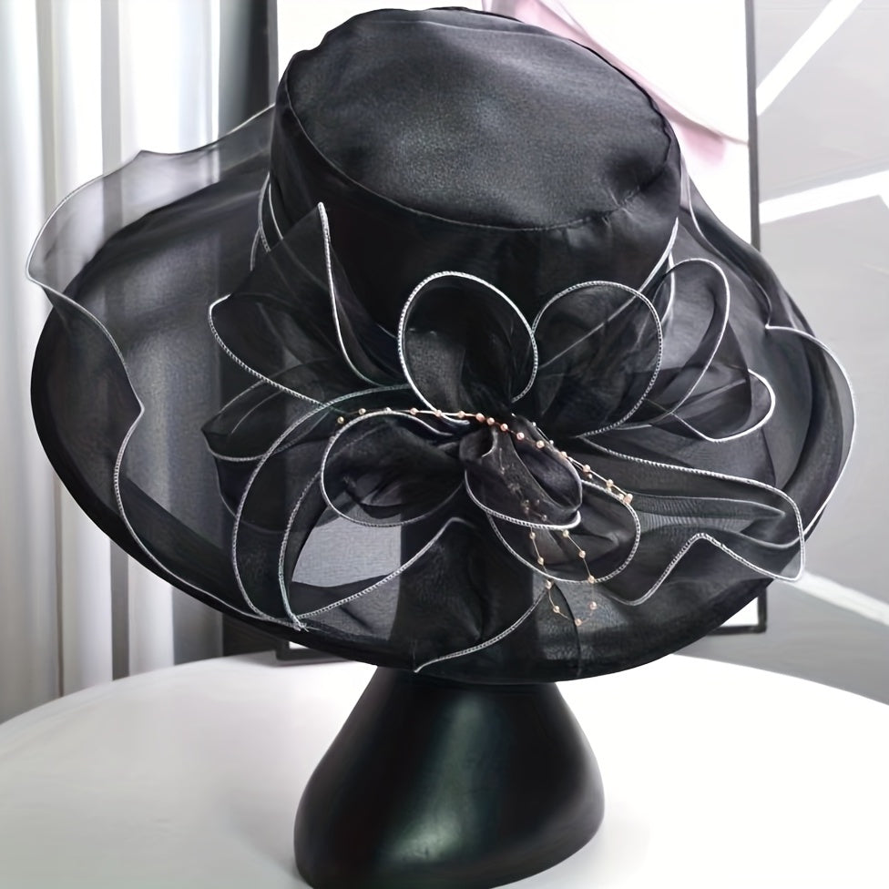 Wide Brim Organza Sun Hat Solid Derby Hat Mesh Breathable Lightweight UV Protect