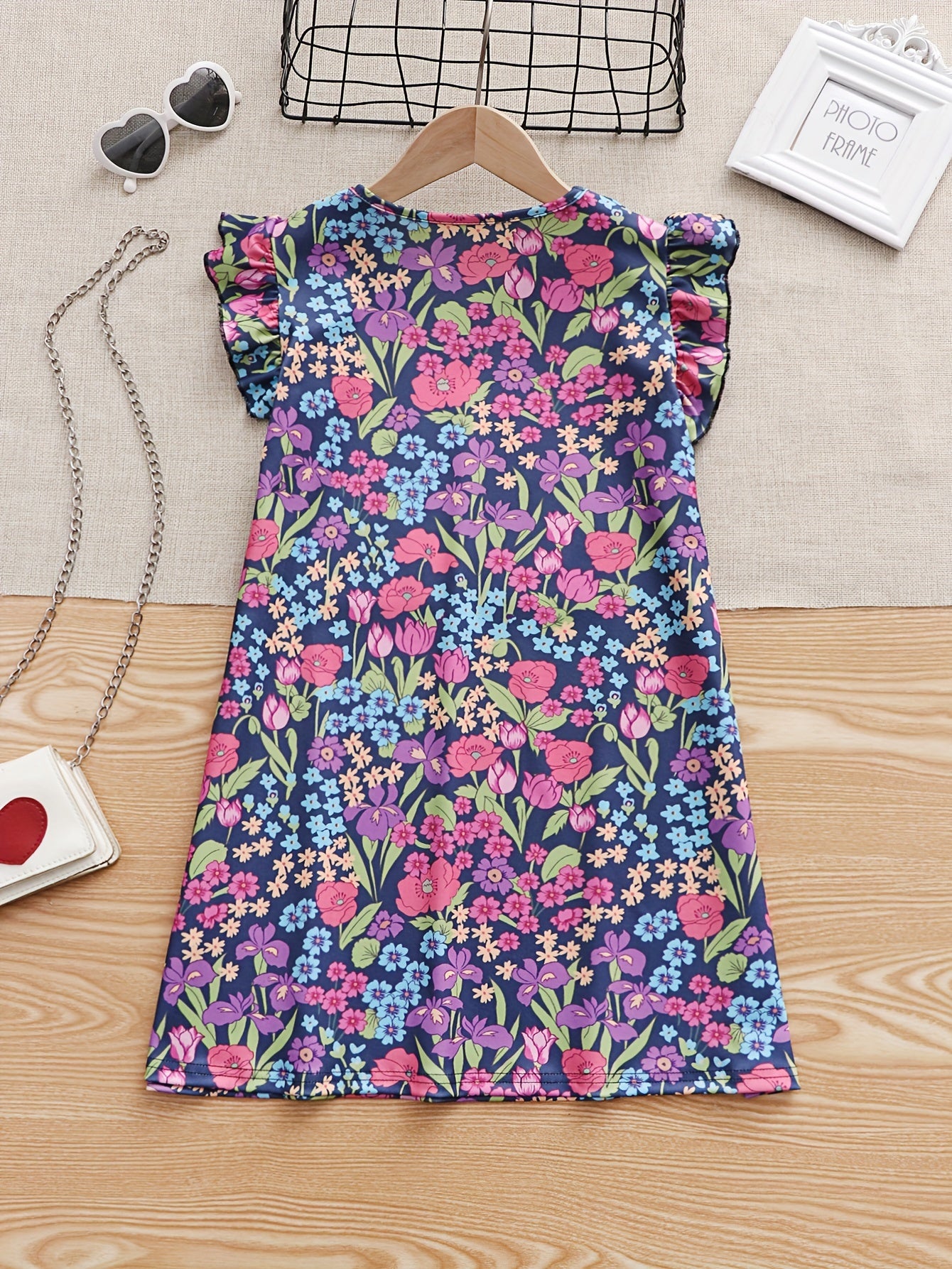 Girls Casual Flower Graphic Ruffle Trim Dress Summer Party Gift