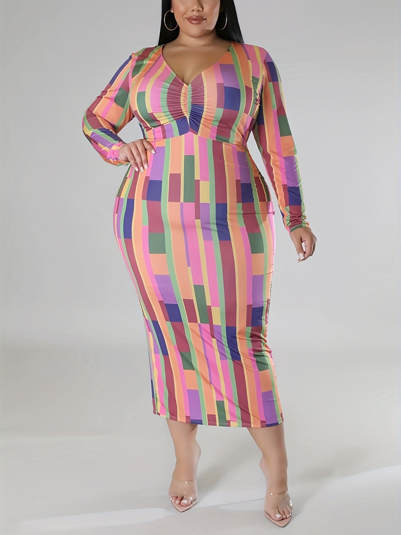  Colorblock Geometric Print Ruched V Neck Dress