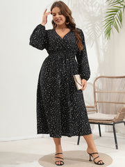  Dot Print Lantern Sleeve V Neck Midi Dress