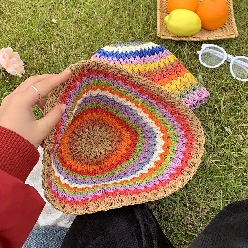 Rainbow Striped Crochet Beanie Elastic Straw Cloche Hats