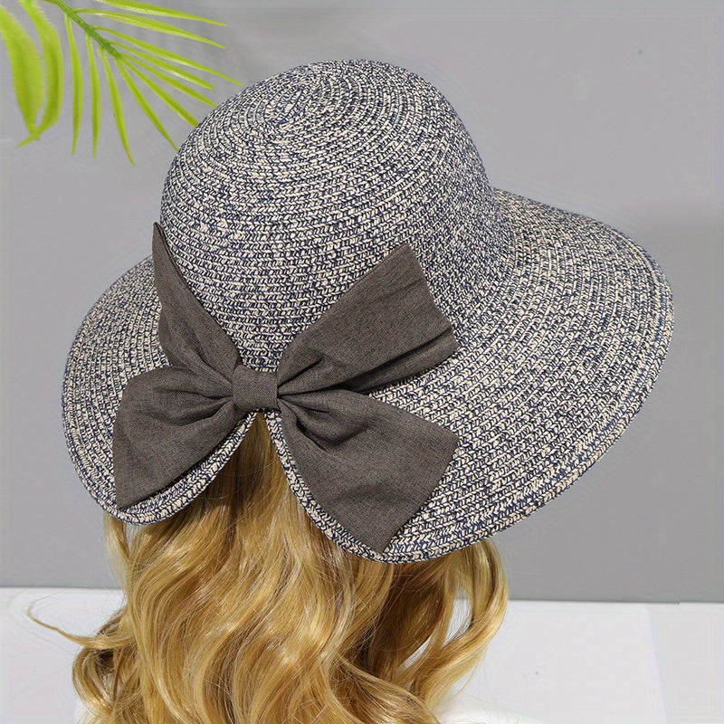 Bowknot Ponytail Sun Hat Straw Plaid Basin Hat