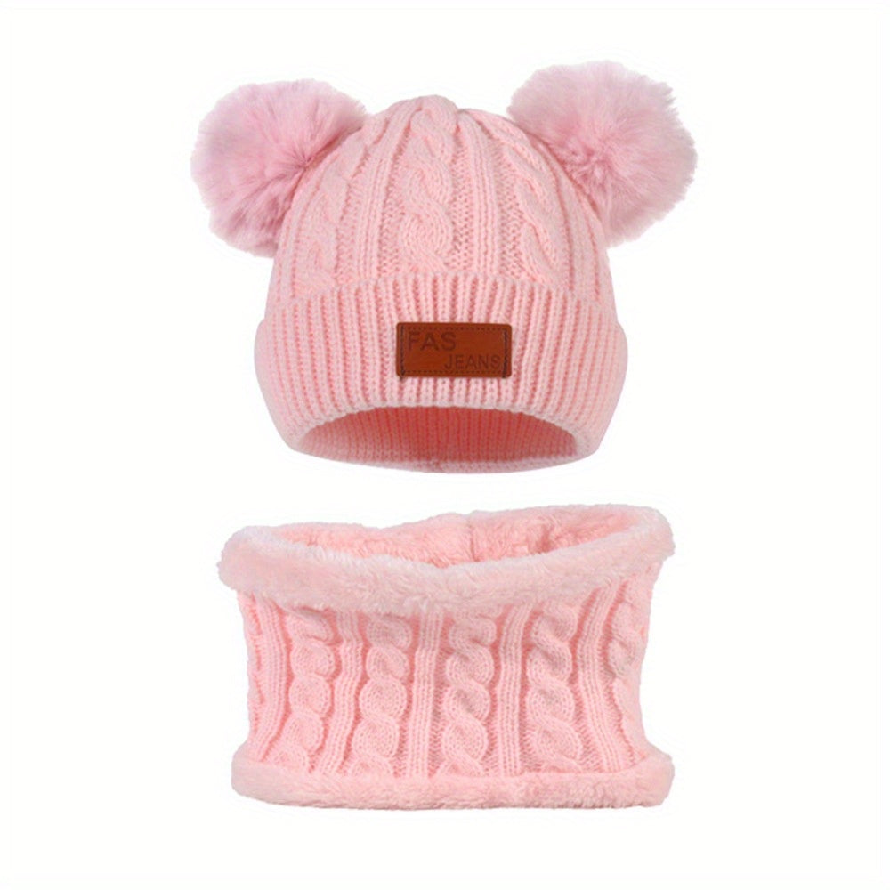 Toddler Winter Pompom Knit Cap Mittens Neck Warmer Set