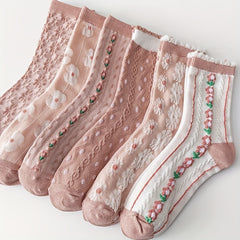 6 Pairs Floral Print Socks Sweet & 3D Textured Mid Tube Socks Women's Stockings