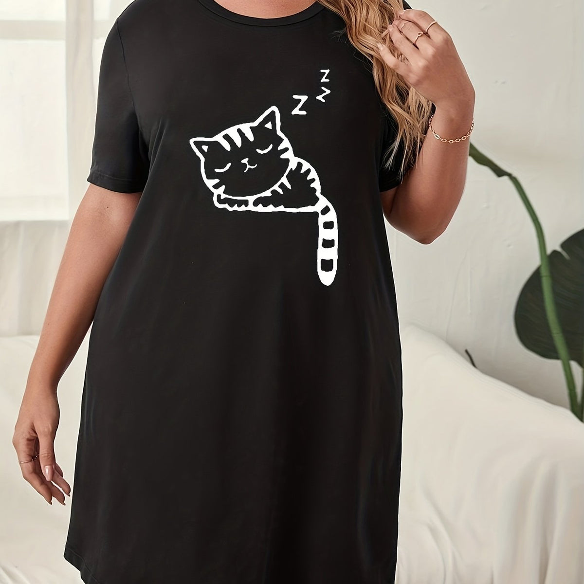  Cat Print Loungewear Dress Short Sleeve Round Neck Sleep Dress