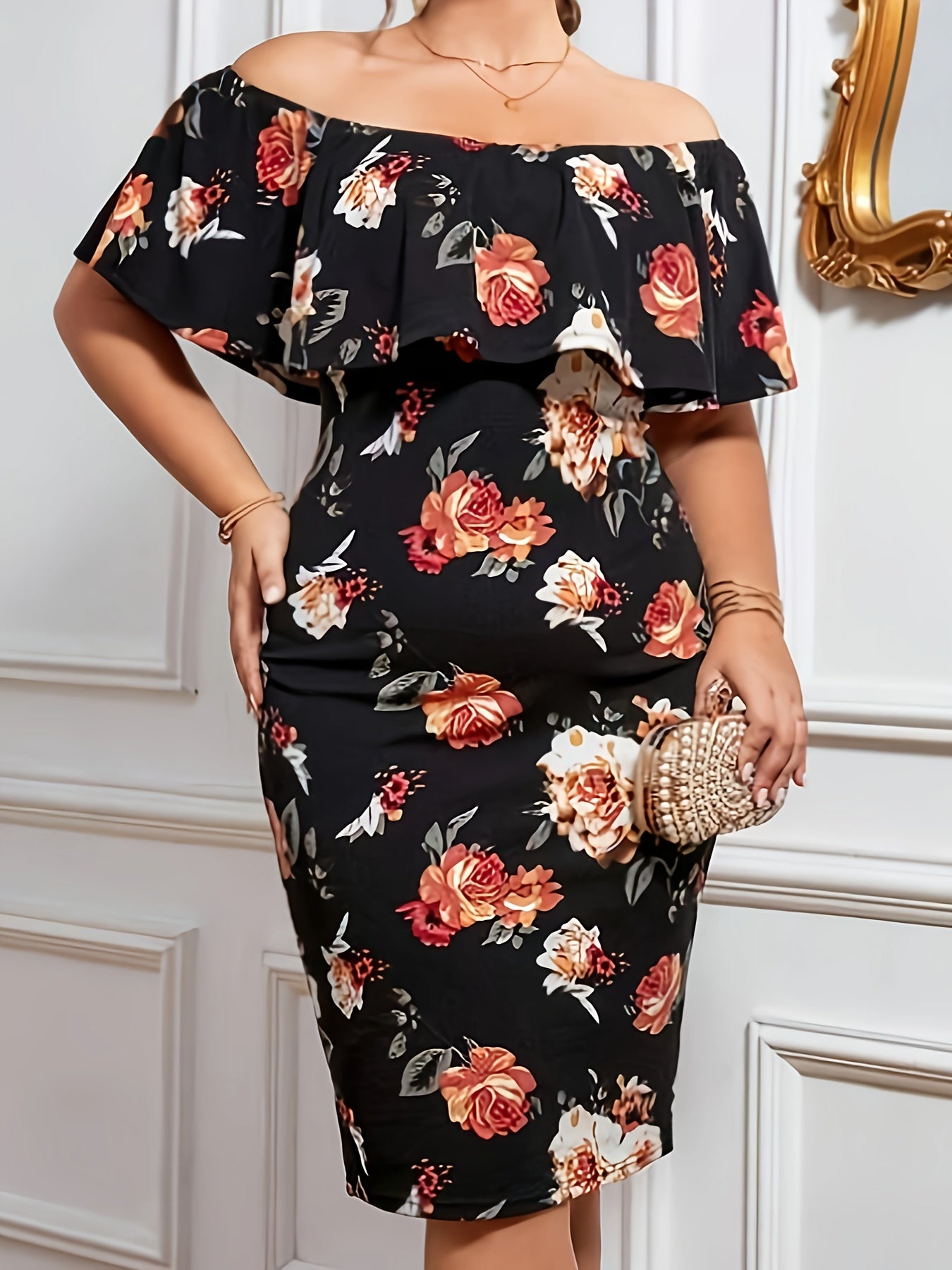  Floral Print Off Shoulder Midi Dress