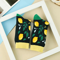 3 Pairs Lemon Print Socks Comfy & Breathable Mid Tube Socks Women's Stockings