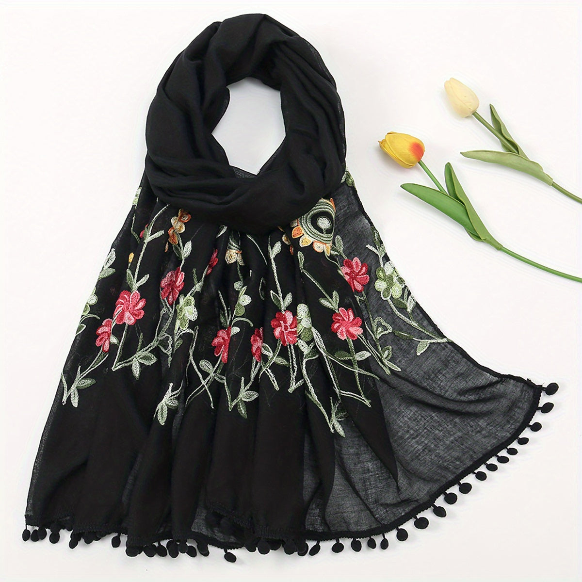 Leaf Flower Embroidery Scarf Tassel Hijab Boho Shawl with Chinese Style