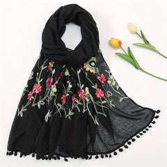 Leaf Flower Embroidery Scarf Tassel Hijab Boho Shawl with Chinese Style