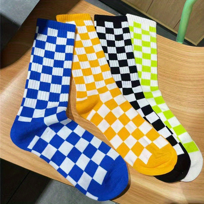 4 Pairs Plaid Crew Socks Breathable Women's Stockings