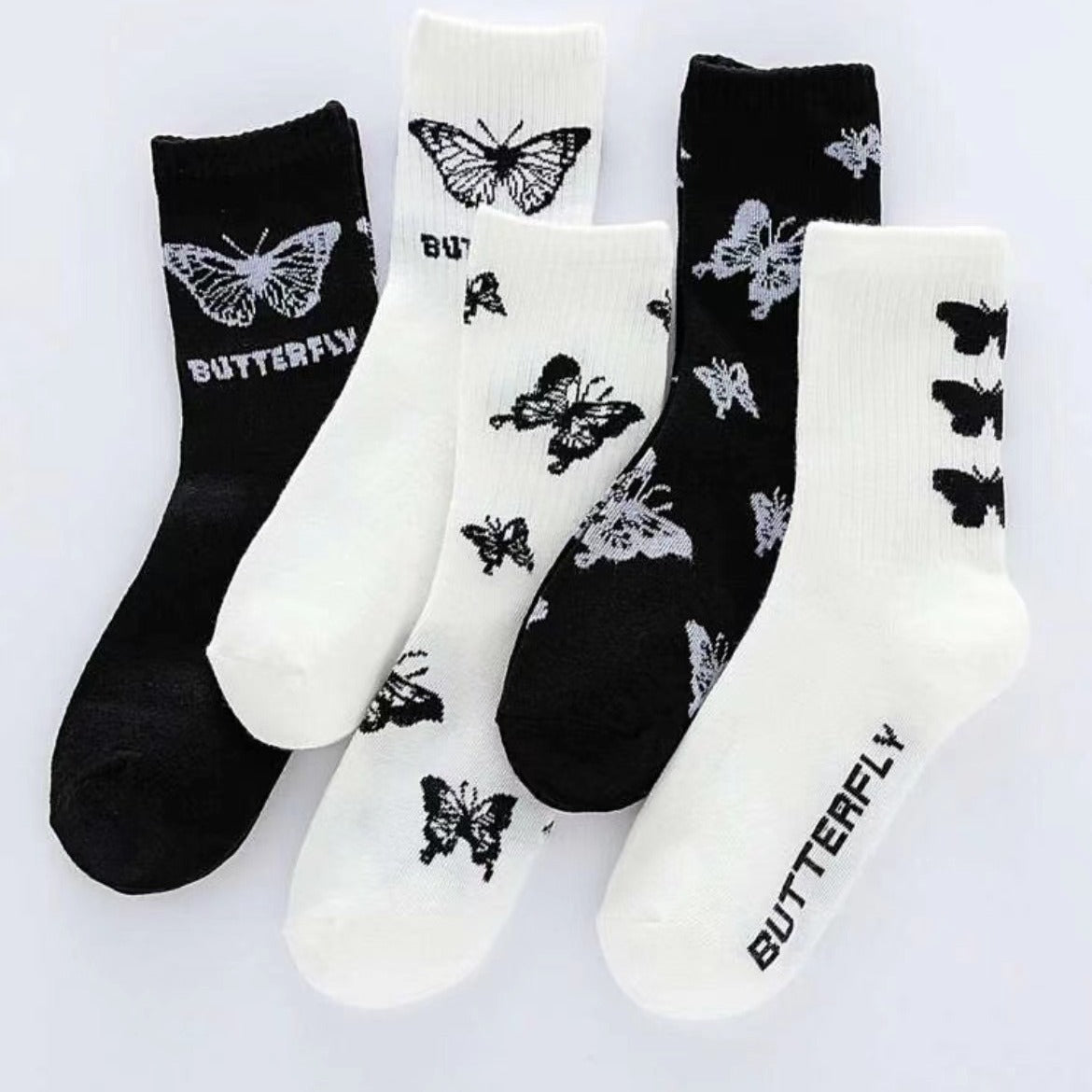 5 Pairs Butterfly Graphic Print Crew Socks Women's Stockings & Hosiery