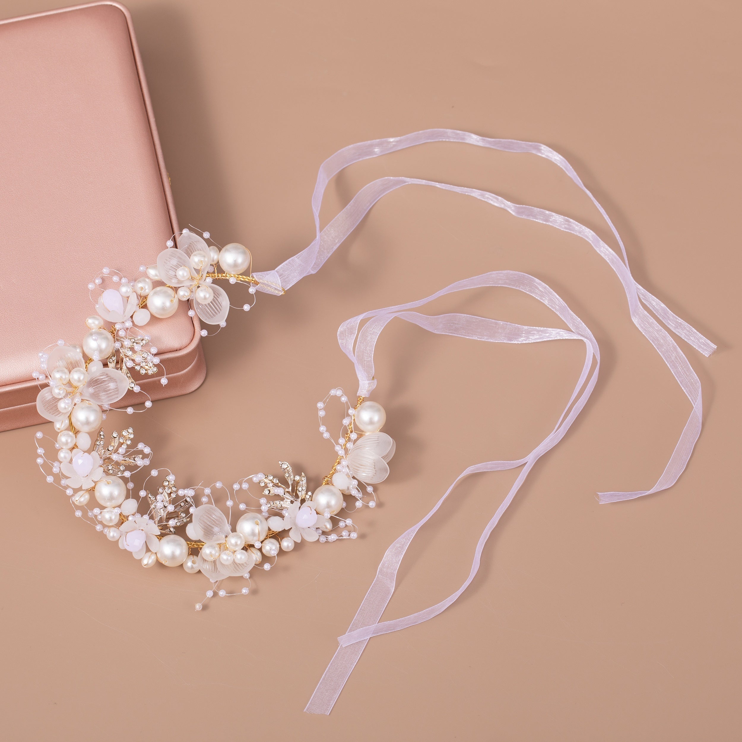 Pearl Floral Headband Golden Leaf Tiara Headgear