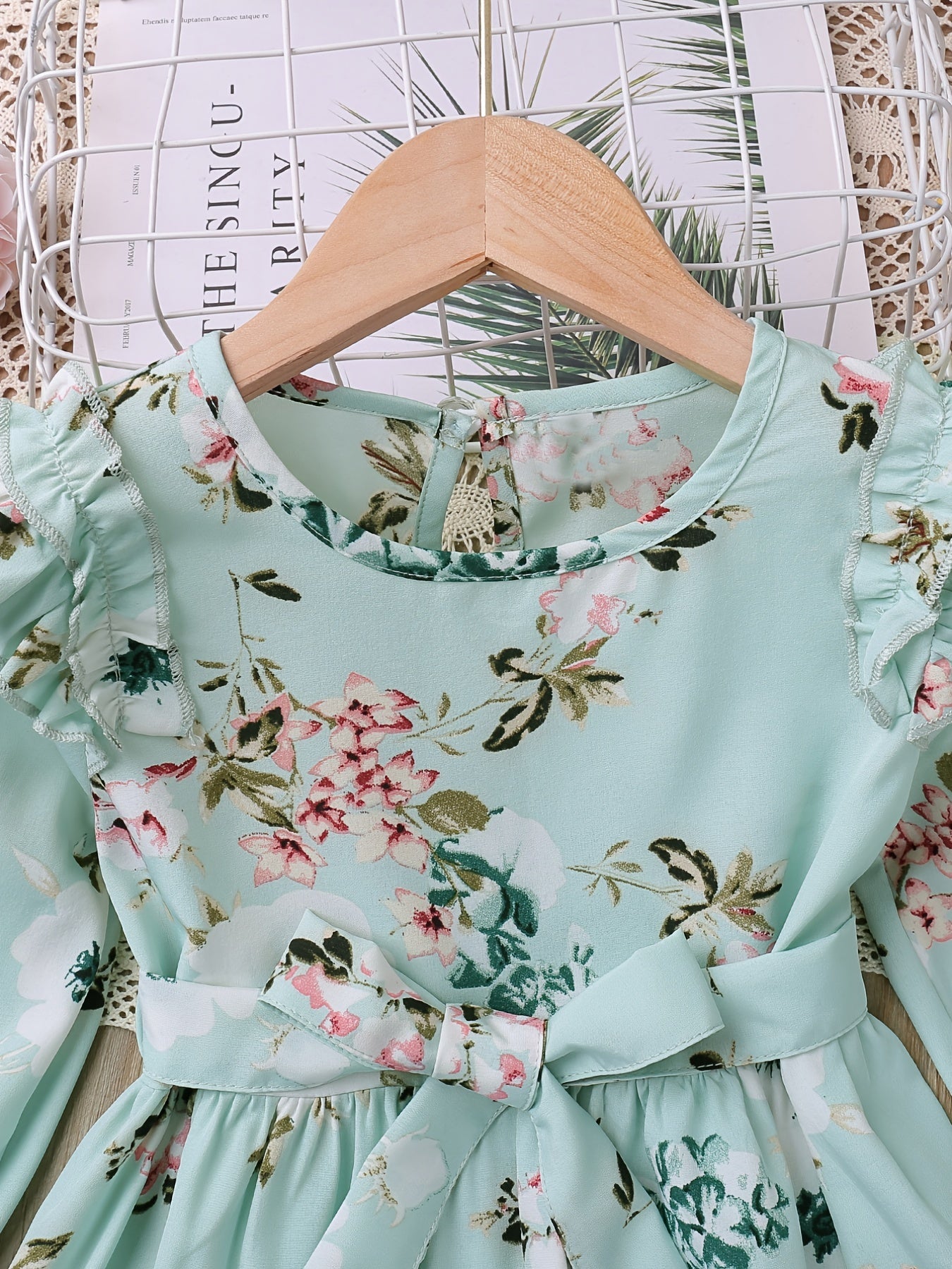 Girls Ruffle Long Sleeve Floral Print Belted Dress