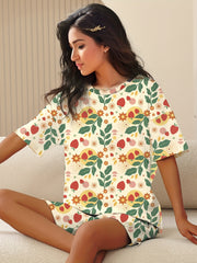 Strawberry Print Pajama Set Short Sleeve Top & Shorts Women's Sleepwear