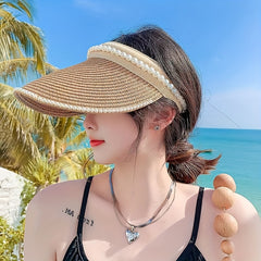 Faux Pearl Decor Visor Hat Beige Straw Hat Outdoor UV Protection Sun Hat