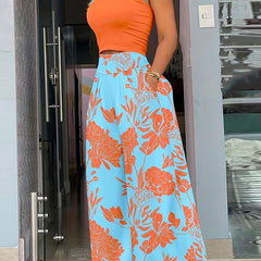  Solid High Neck Tank Top & Floral Print Wide Leg Pants 2 Piece Set