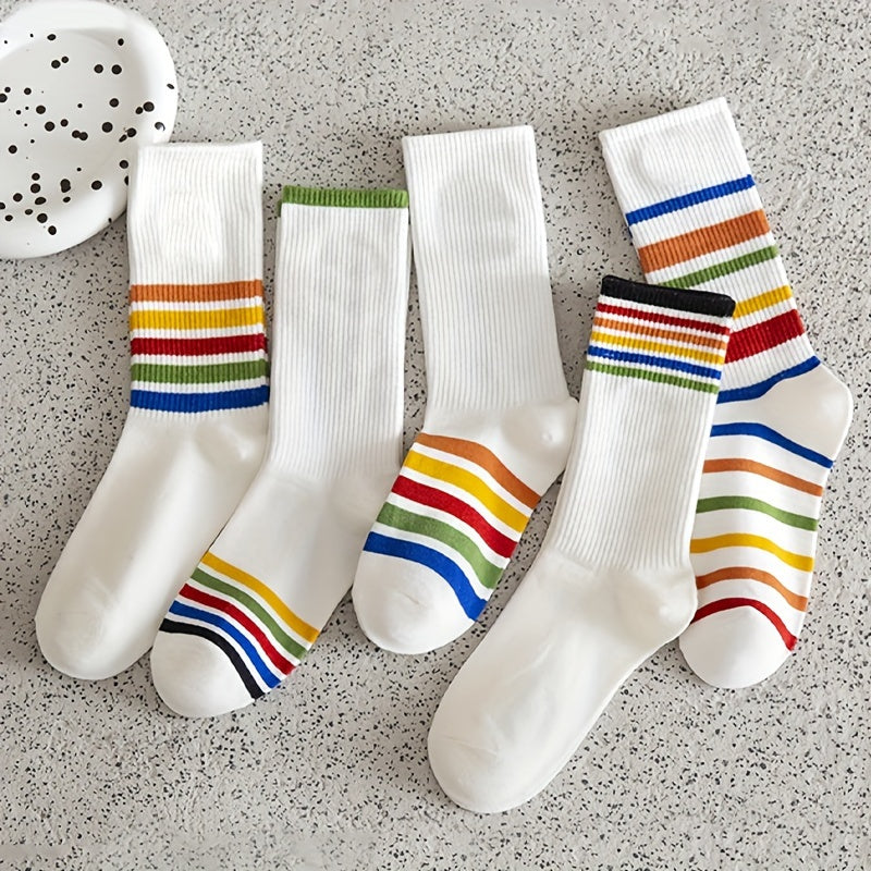 5 Pairs Rainbow Striped Socks Comfy & Mid Tube Women's Stockings Hosiery