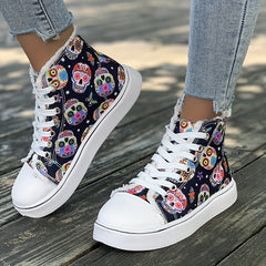 Women's Skull Graphic High Top Canvas Sneakers Lace Up Trainers